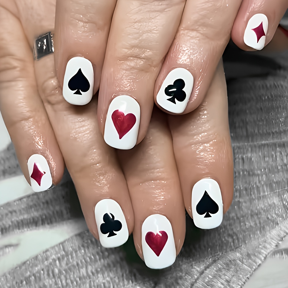 

24pcs Press On Nails Set, Heart & Spade Design, Glossy , Short Square Shape, With Valentine's Day Nail Art Kit For Women