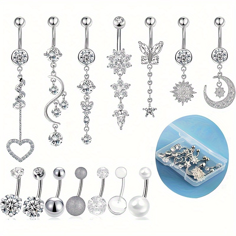 

14pcs Stainless Steel Belly Button Rings Set, 14g Long Dangle Rings, Design, Synthetic Zirconia, Sexy , Daily & Gift , Mardi Gras Day Holiday Theme Body Piercing Jewelry For Women And Girls