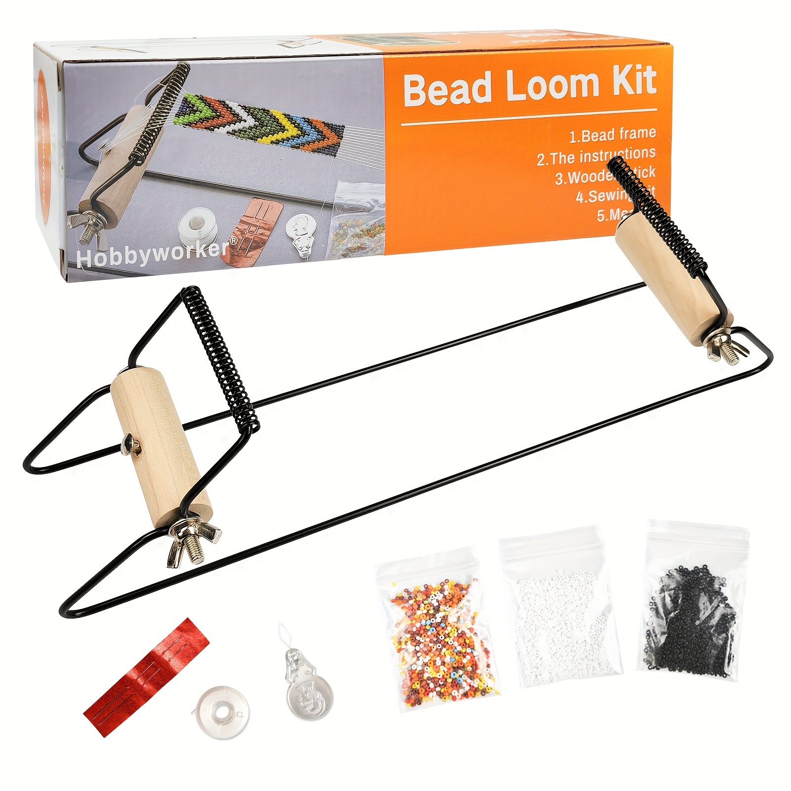 E-shop Extra breites Metallperlen Webrahmen Set, inklusive extra breitem Webrahmen, Faden, Nadeln und 3 Beuteln mit Glasperlen für Armbänder,
