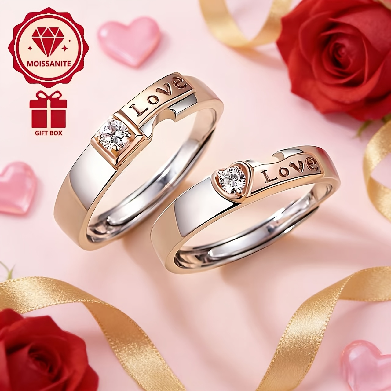 TEMU 925 Sterling Silver 1ct Moissanite, 'love Is Stronger Than Golden' Couple's Ring Set, Heart-shaped Love Matching Rings For Men And Women, Total