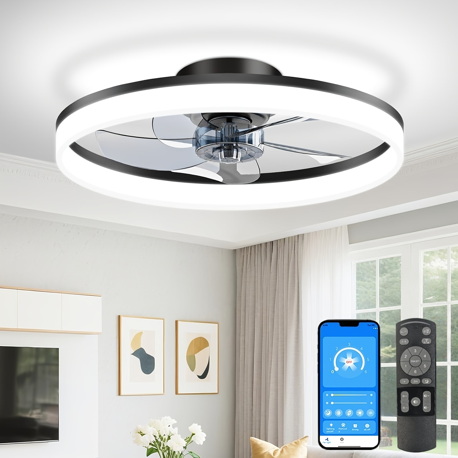 TEMU Ventilateurs de plafond à profil bas avec lumière et télécommande, ventilateurs de plafond à montage encastré de 19,7 pouces avec lumière,