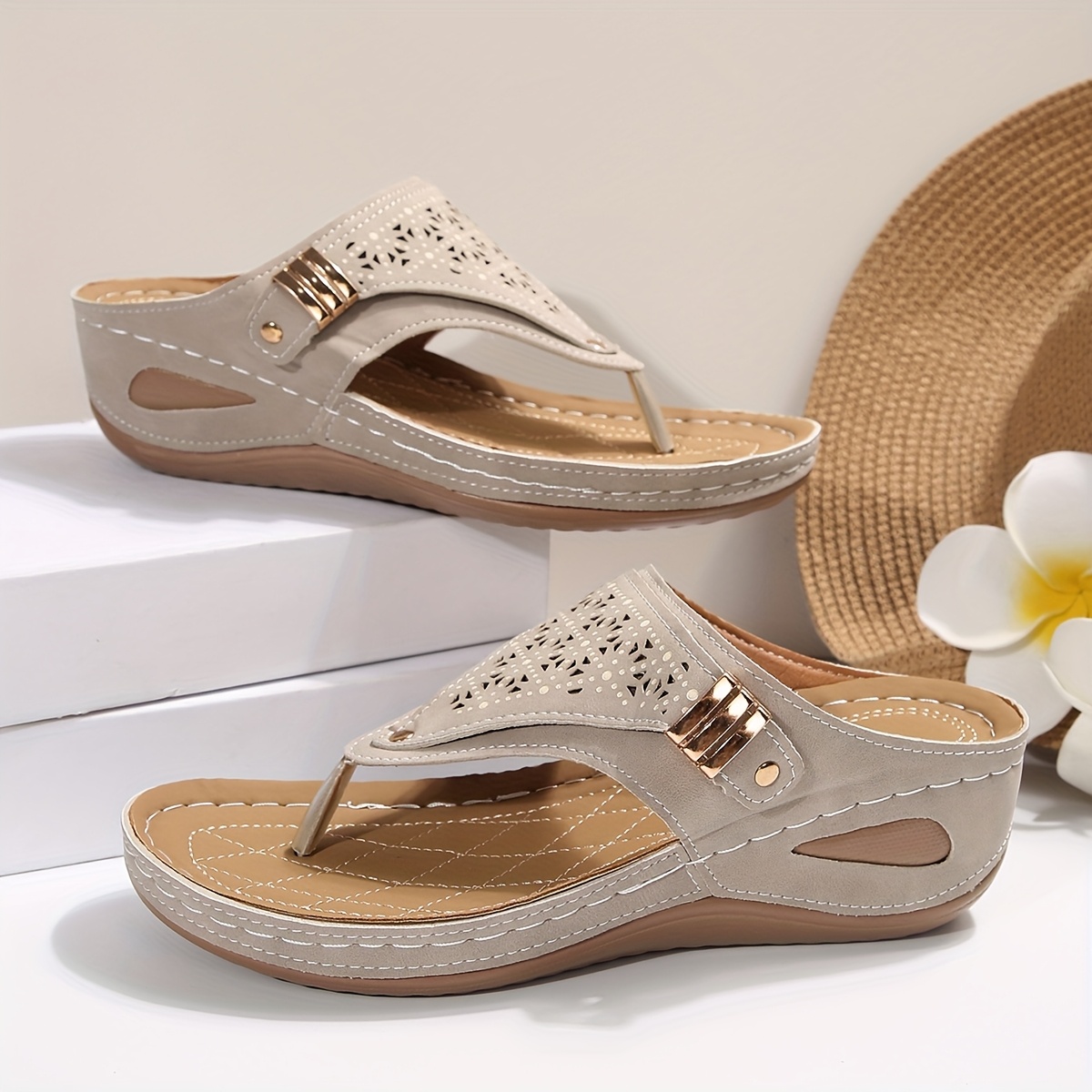 womens elegant slide sandals slip on slides with thick cushioned   heel round toe for   casual formal beach footwear   party shoes colorful bead anklet durable rubber sole 7