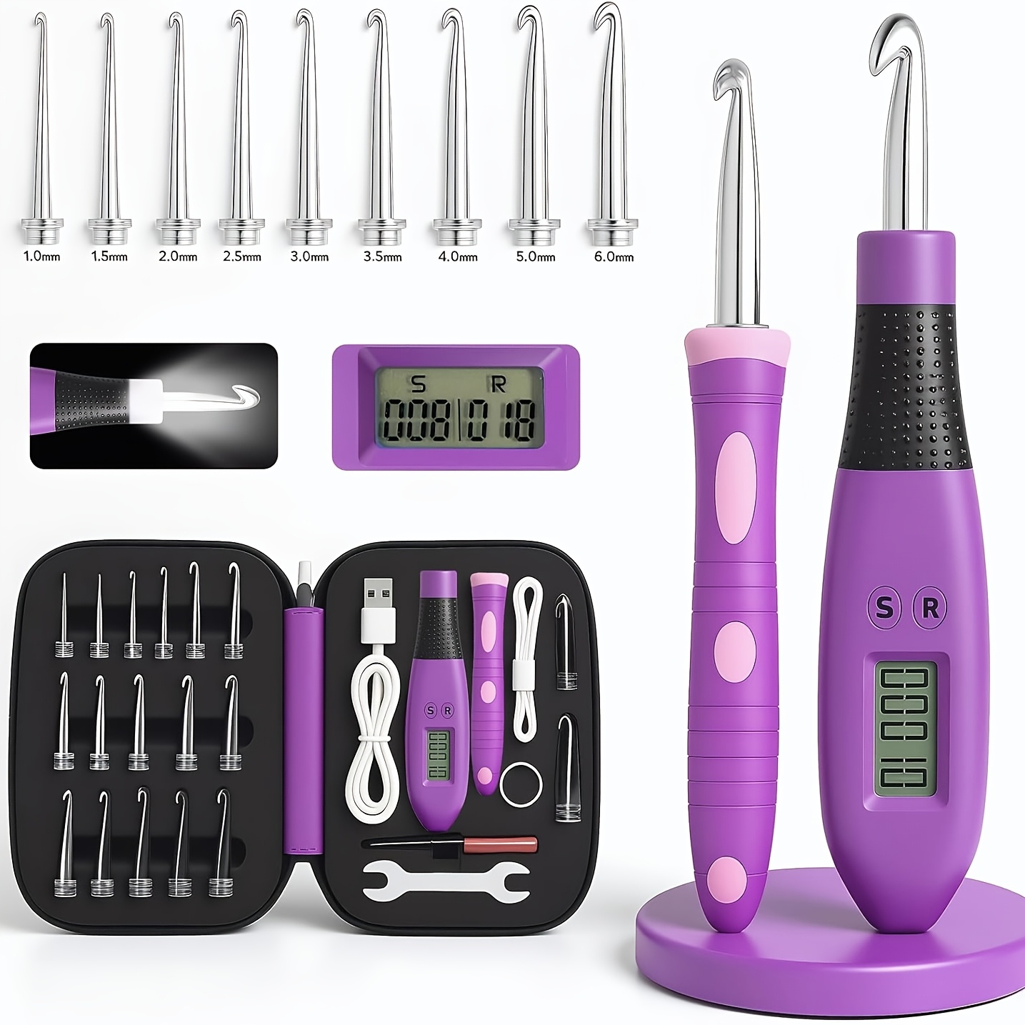 Image of Led Crochet Hook Kit With Counter, 18 Interchangeable Ergonomic Needles, 2-level Brightness - Lighted Crochet Set, The Best Holiday Gift For Knitting Lovers