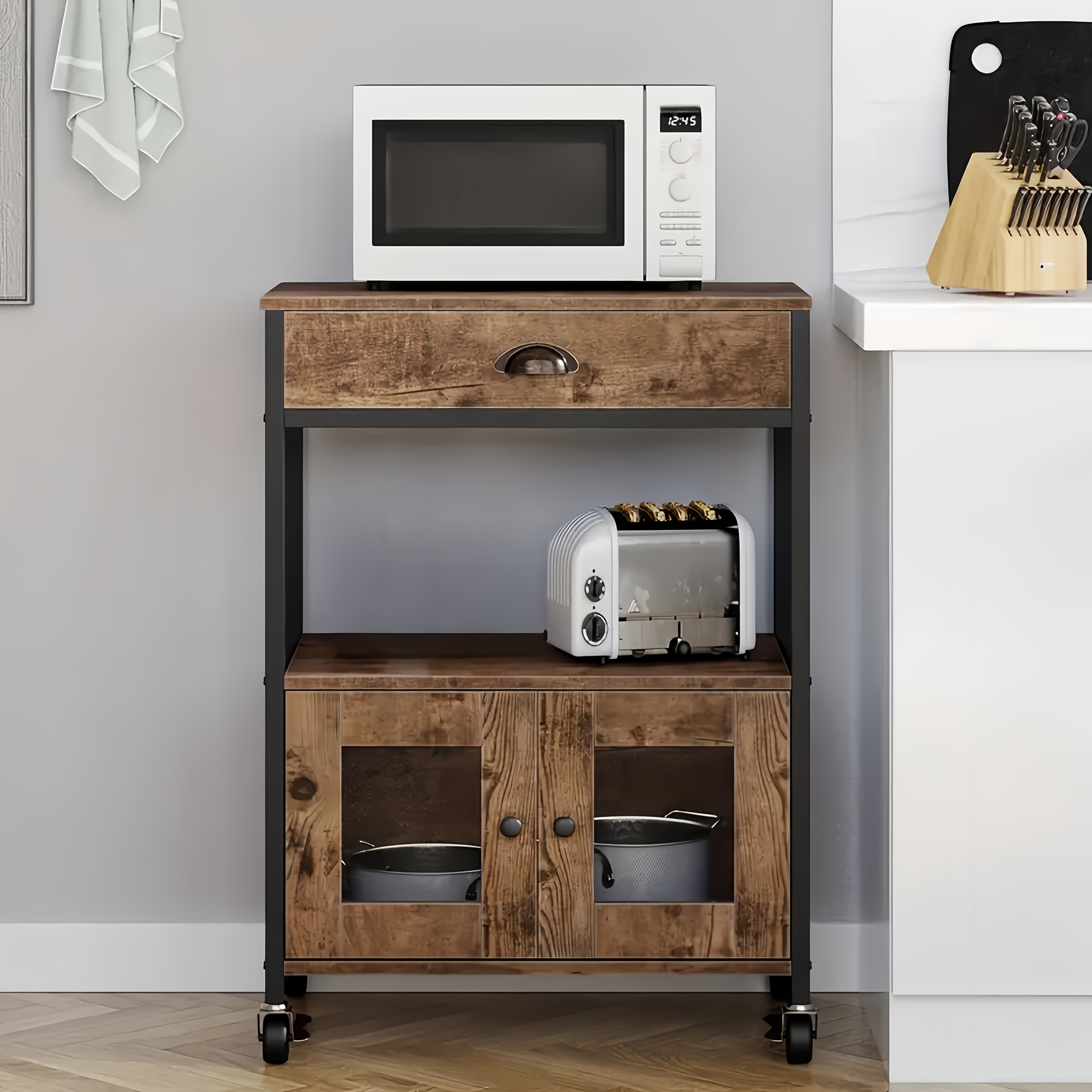 Coffee Bar Cabinet, Kitchen Buffet Cabinet with Storage, Buffet Storage Cabinet with Wheels, Sideboard Coffee Cart with Doors Shelves, Industrial Coffee Bar Table with Drawer, Rustic Brown