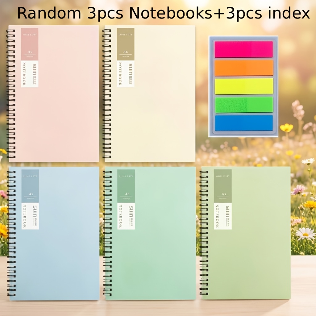 TEMU Lot de 6 carnets à spirale A5 - 3 carnets + 3 onglets autocollants, 60 feuilles/120 pages par carnet, , reliure métallique pastel, papeterie