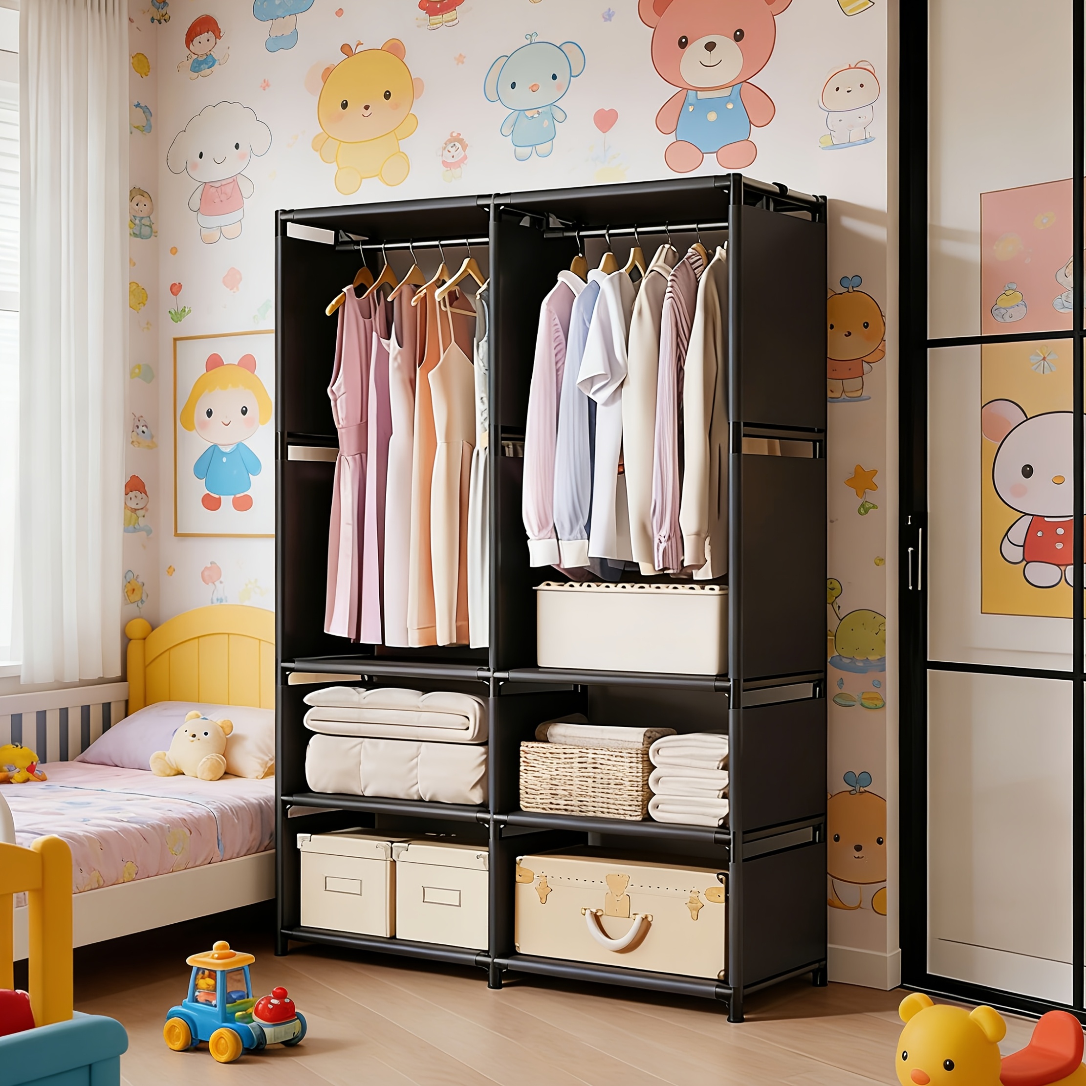 Large Capacity Wardrobe With Tiered Hangers, Suitable For Space- Clothes Storage Cabinets In Small Spaces