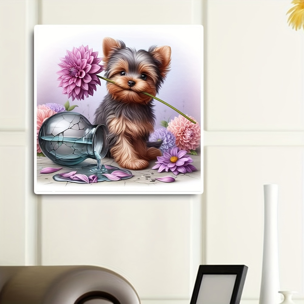 

Round Diamond Painting Kit - Acrylic Pmma, Yorkie Puppy With Flowers Design, Frameless Diy Set