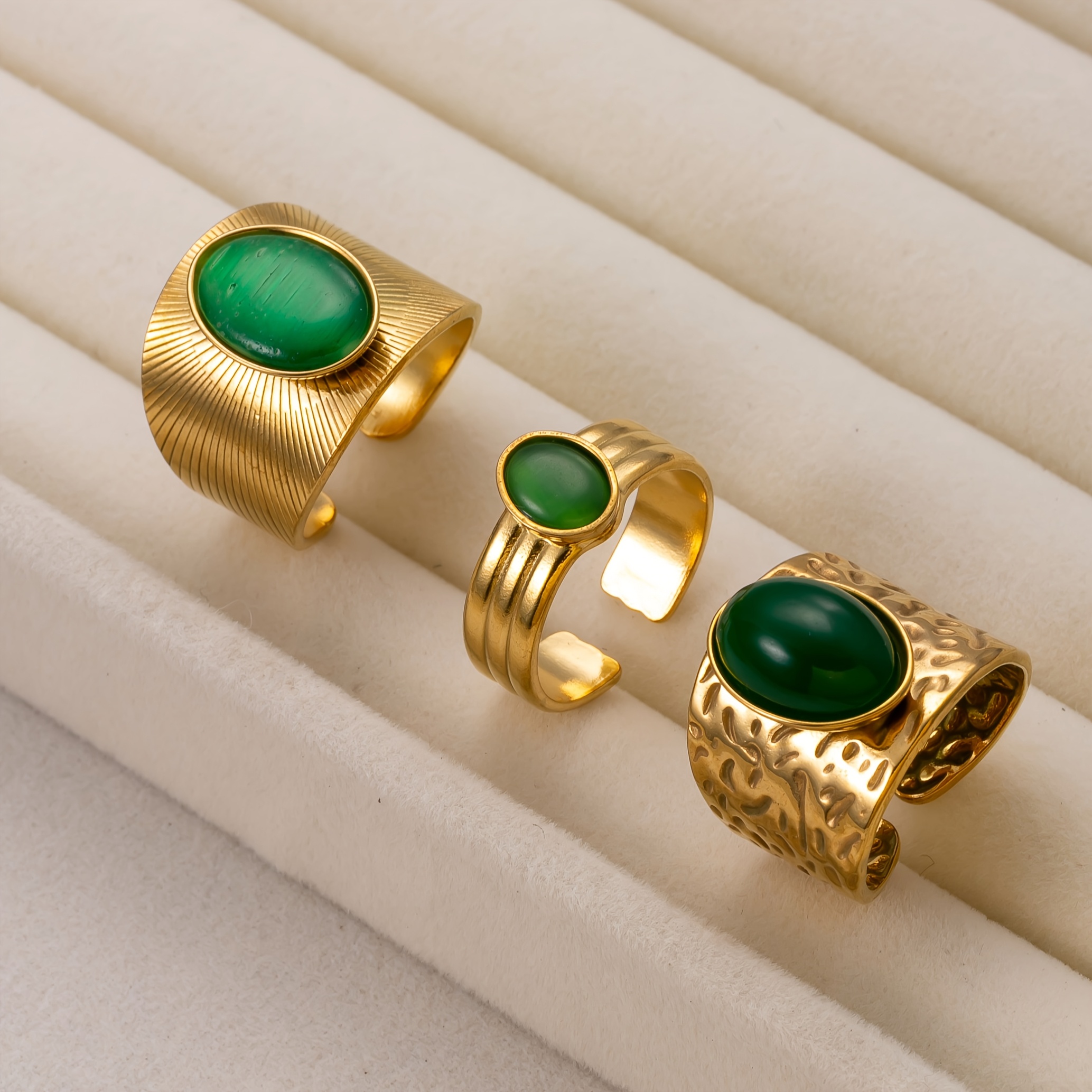 TEMU 3pcs Fashionable Stainless Steel Women's Rings, Simple Inlaid With Green Synthetic Zirconia Rings, Suitable For Women's Leisure And Versatile