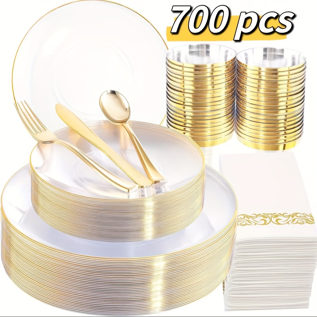 

700pcs Clear And Golden Plastic Plates - Clear Plastic Plates With Dinner Plates, Dessert Plates, 300 Golden Plastic Silverware, Cups, Napkins For Wedding & Party