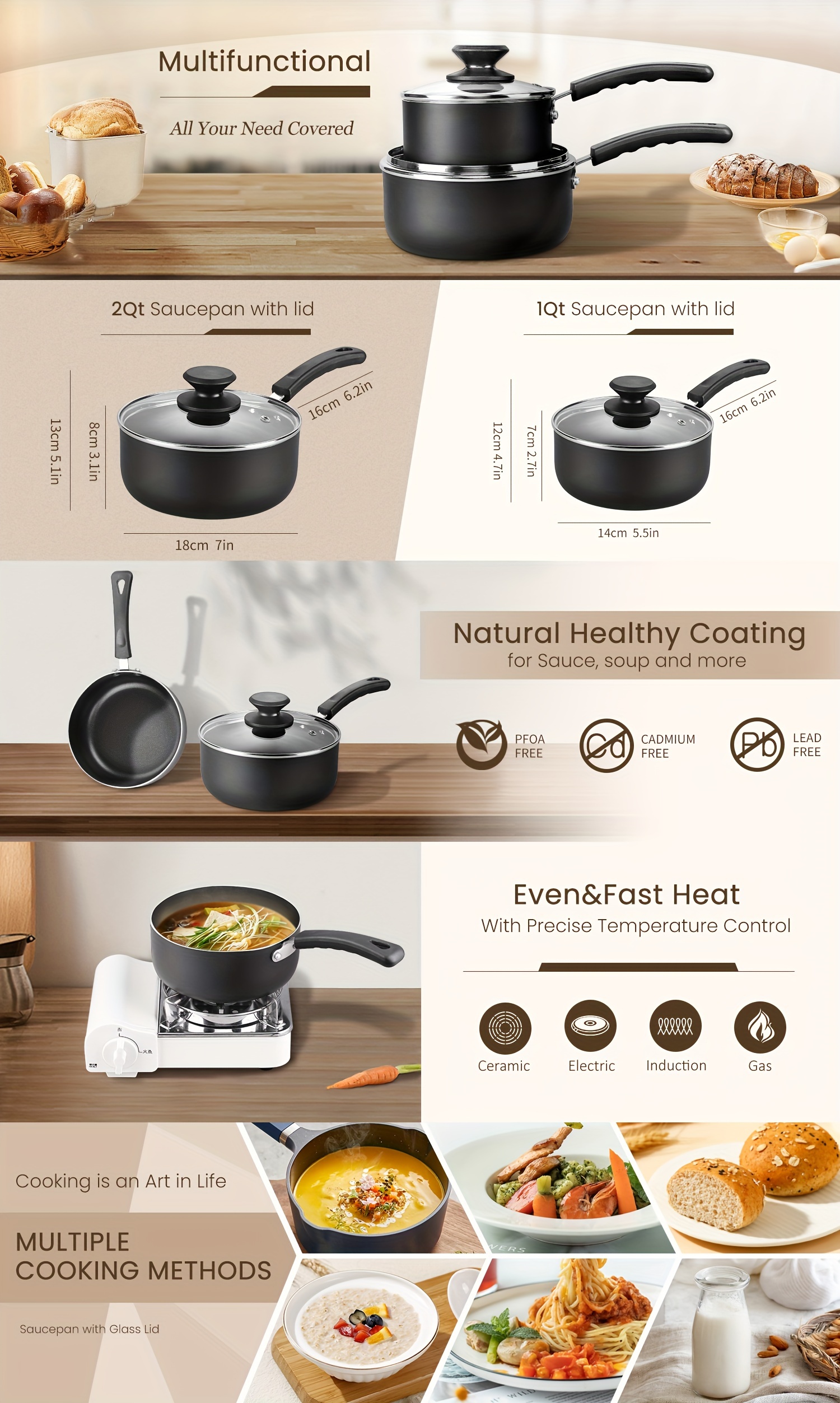 1set nonstick sauce pan set with lid 1 qt 2 0 qt sauce pot cooking pots set stay   induction compatible     and golden details 0