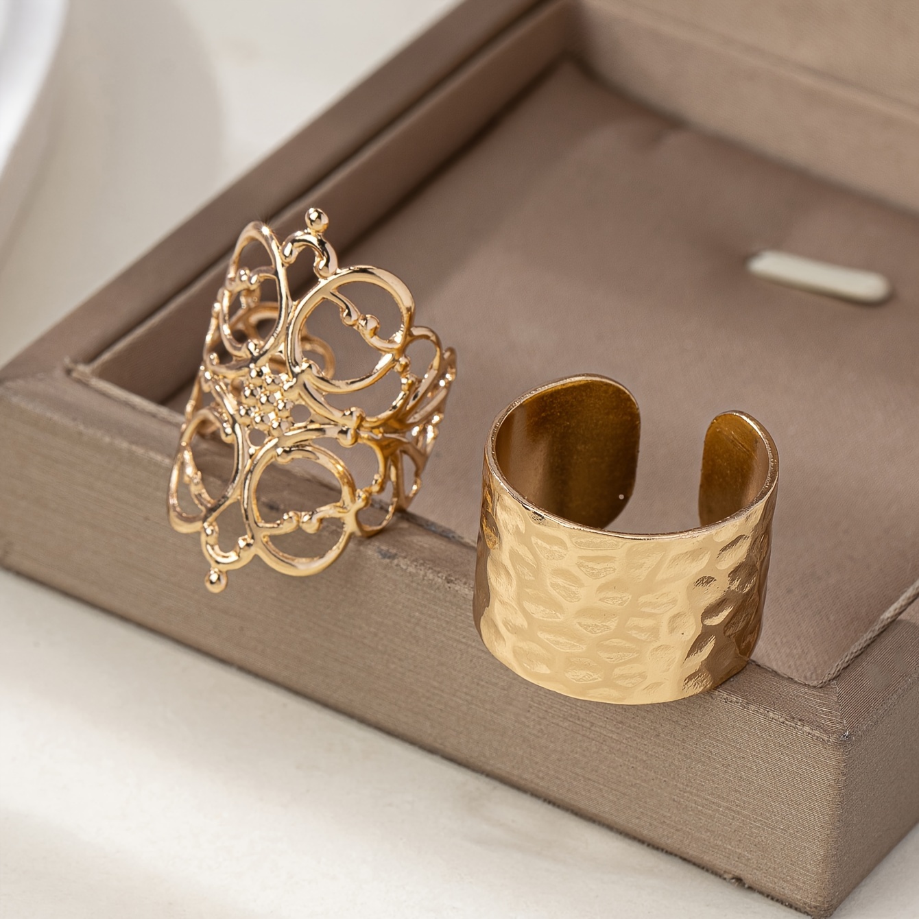Adjustable Wide Band Ring Vintage Hollow Textured Alloy