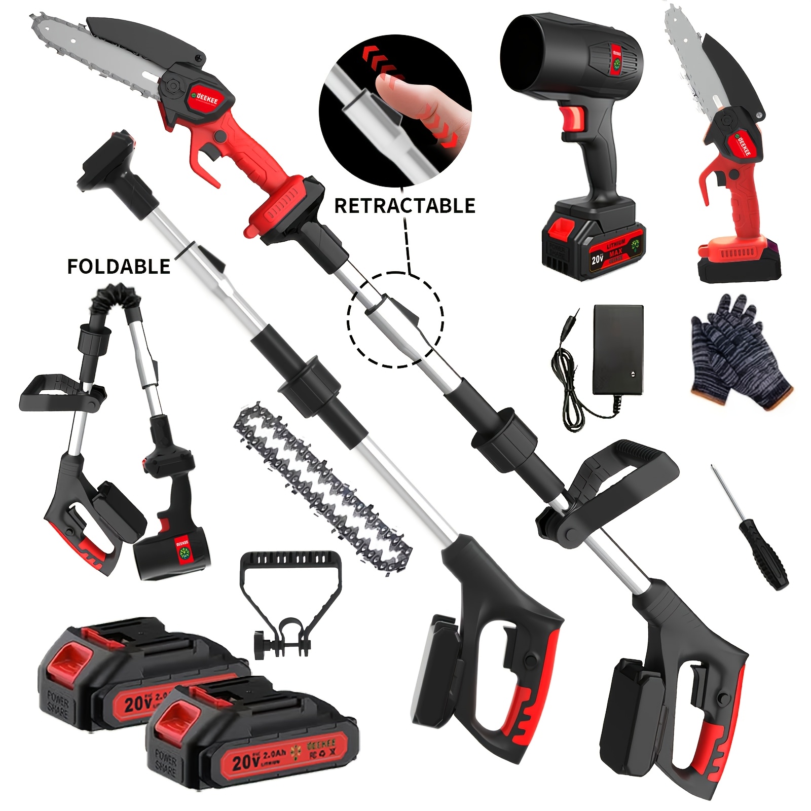 TEMU 3-in-1 Cordless Pole Saw And Leaf Blower With 2 Batteries/ 2-in-1 Telescoping Pole And Mini Chainsaw With 1 Battery/ Mini Chainsaw With 1