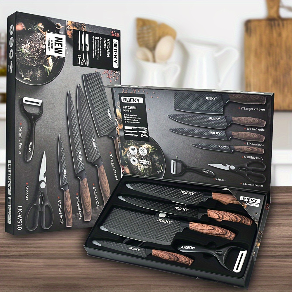 Ensemble de 6 couteaux de cuisine, chef professionnel, couperet, trancheur, couteau utilitaire, éplucheur et ciseaux en acier inoxydable à haute teneur en carbone, ultra-aiguisés avec manche ergonomique en bois antiadhésif, ensemble de couteaux de cuisine pour la maison, les voyages, les légumes, la viande, les fruits avec coffret cadeau