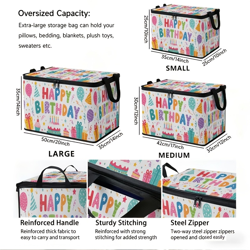 TEMU 1pc Large-capacity Storage Box With "happy Birthday" Themed , Featuring A Sturdy And Durable Zipper, Easy To Carry And Foldable. Suitable For
