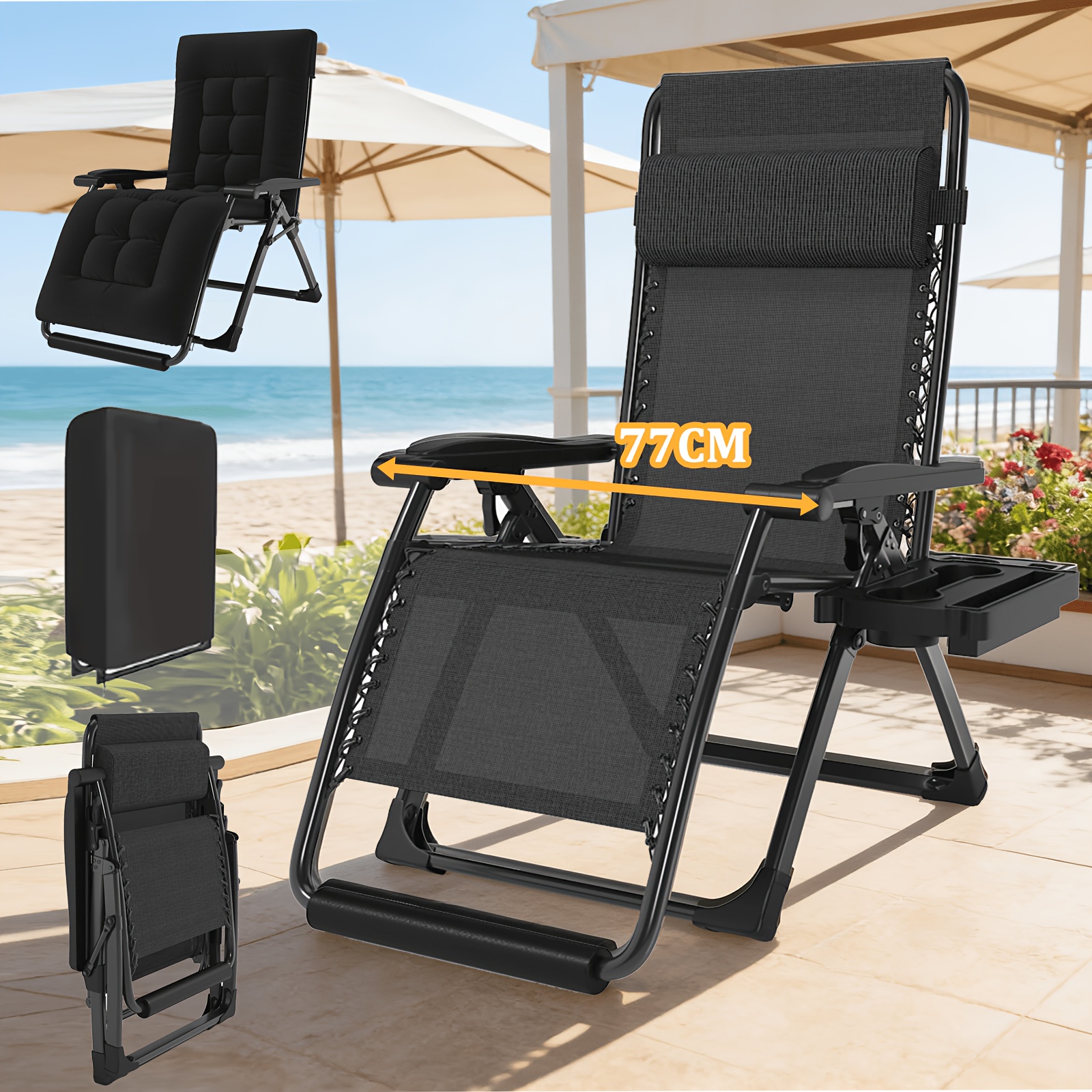 Extra-large Foldable Lounge Chair, Measuring 65/72/77cm, Suitable For Indoor And Outdoor Use. On Lawns Or Patios. Includes A Seat Cushion, Headrest, And Drink Holder. Supports Up To 150kg