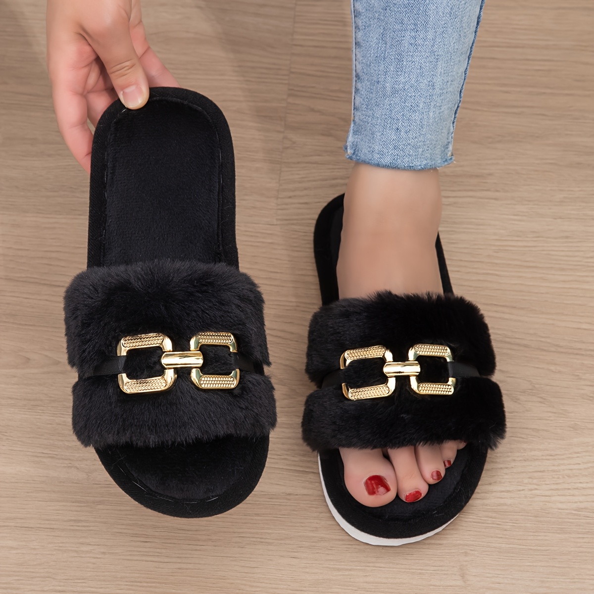 Image of New Fashion Women's Comfortable Fuzzy Open-toe Indoor Slippers, Women Shoes
