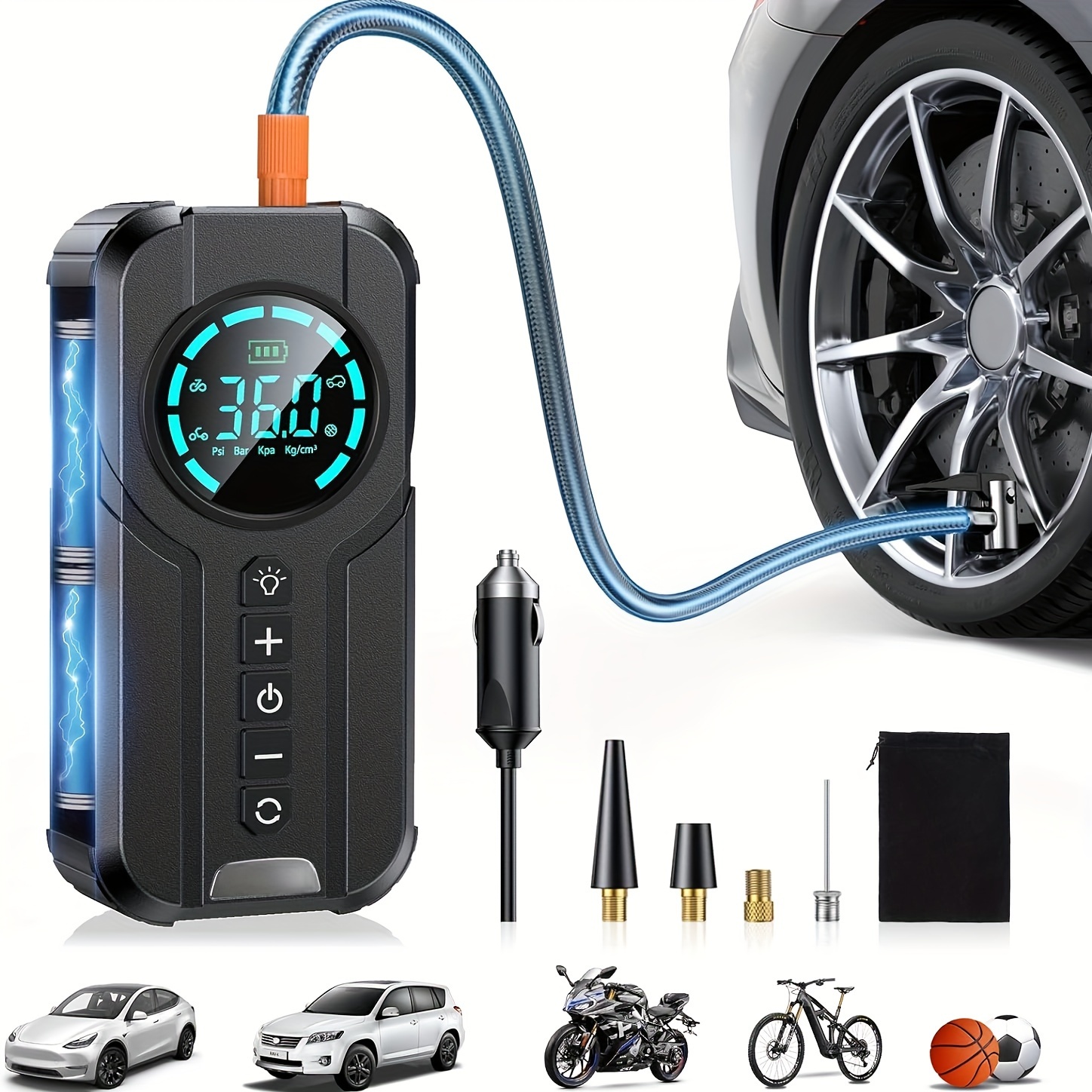 

Cordless Portable Air Compressor, 12v High Power Tire Inflator Pump, 150psi Car Tire Inflator, Suitable For Motorcycle, Bicycles, Balls, Inflatable Mattresses, Swimming Ring