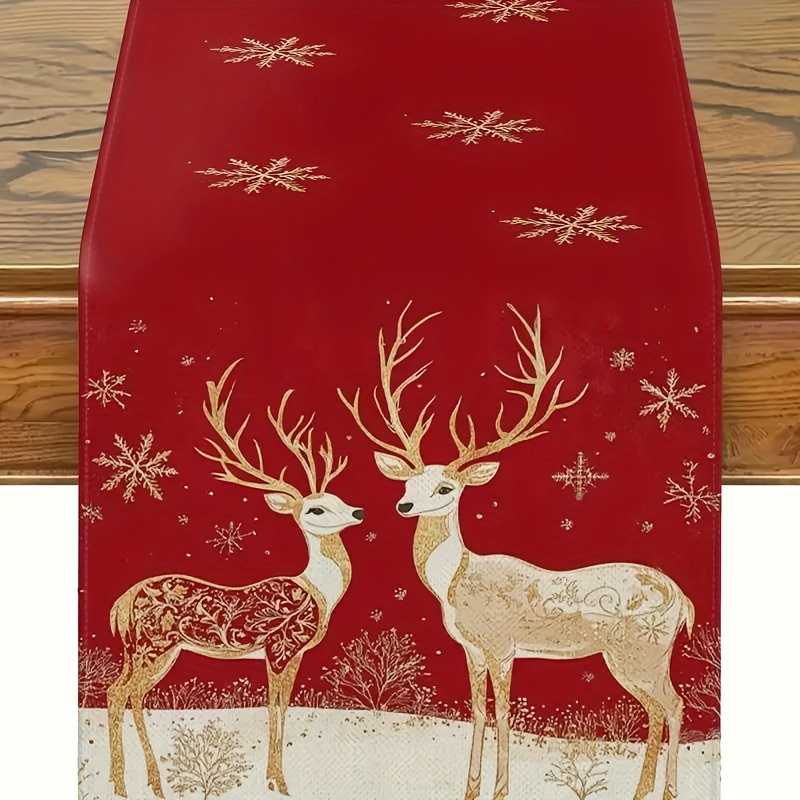 

Christmas Table Runner With Golden Reindeer And Design - 100% Polyester Rectangle Decoration For Indoor & Outdoor, Dining Table Accessory For Party And New Year Celebrations