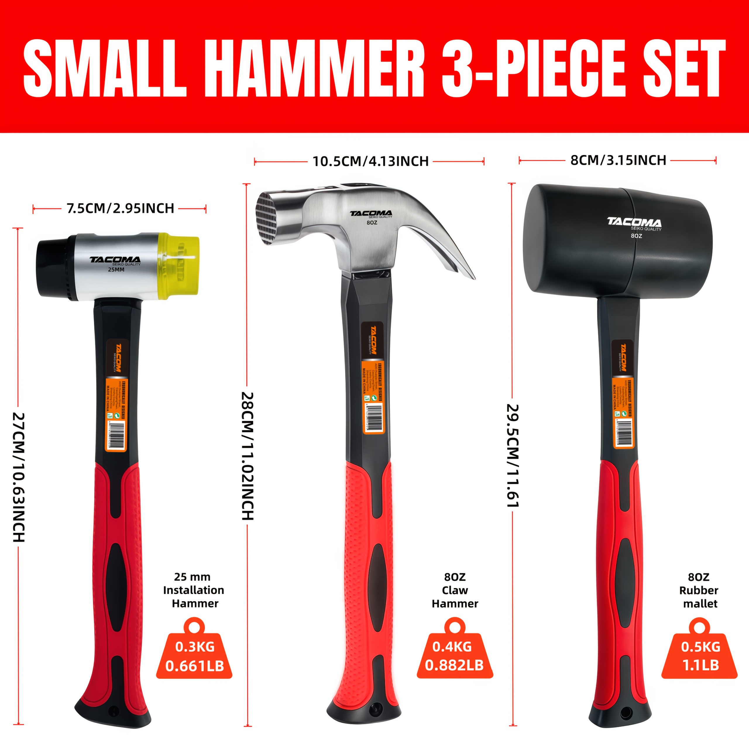 TEMU Small 3pcs Hammer Set/ Large 3pcs Hammer Set, A Rubber Mallet, A Fitting Hammer, A Claw Hammer And Tpr Non-slip Handles. Suitable For Repairs,