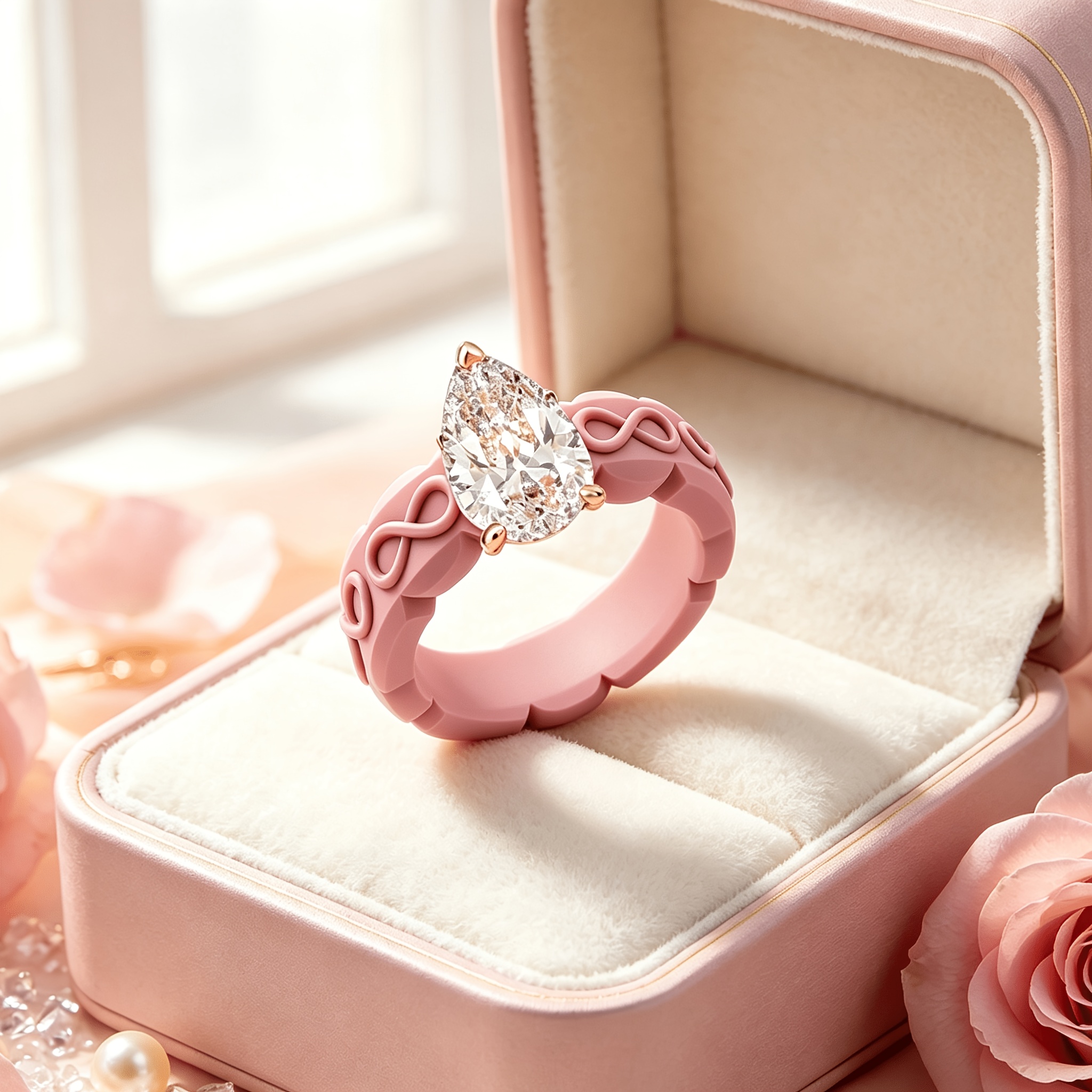 Pink Teardrop-Shaped Zirconia Silicone Ring, Anniversary Gift