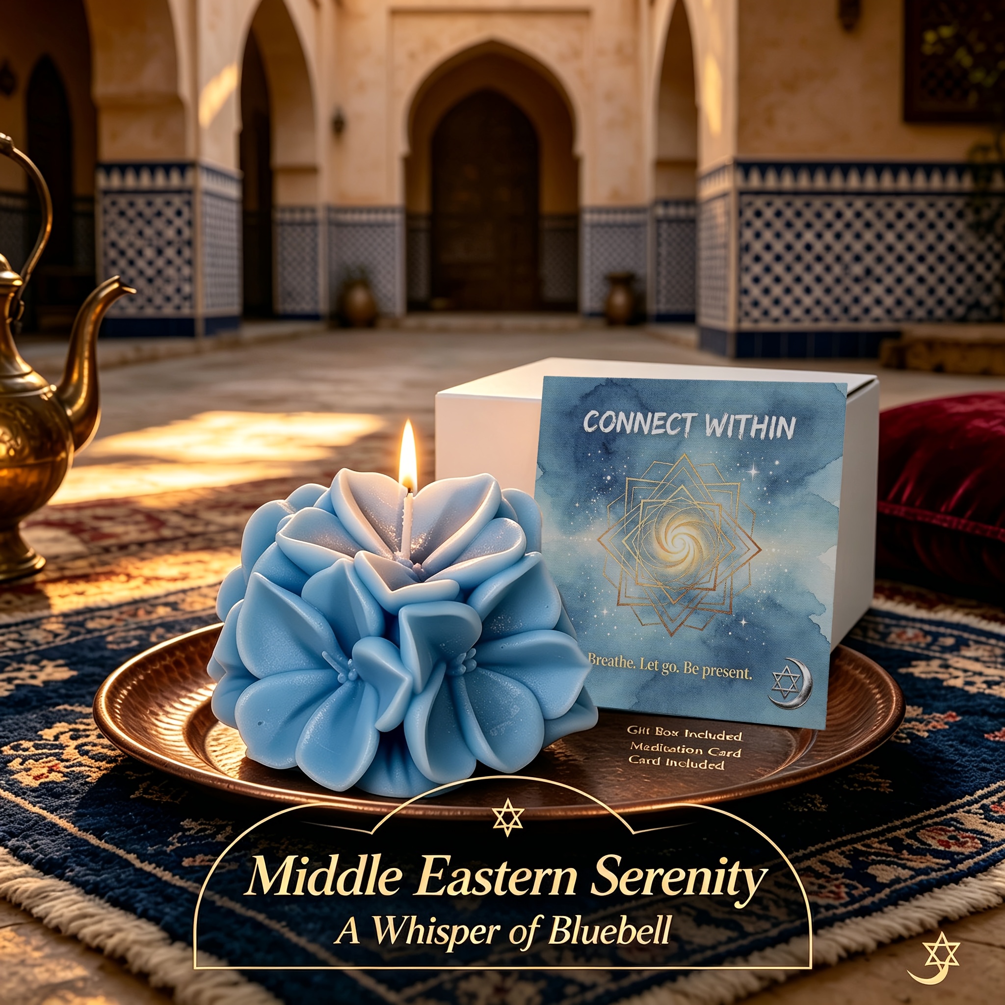 Bluebell Scented Flower Candle Gift Set with Box And Meditation Card - Blue Hydrangea Shaped Wax for Home Decor, Yoga, Spiritual Space - Middle Eastern Serenity Aesthetic - Unique Mindfulness Gift for Her, Birthday, Housewarming