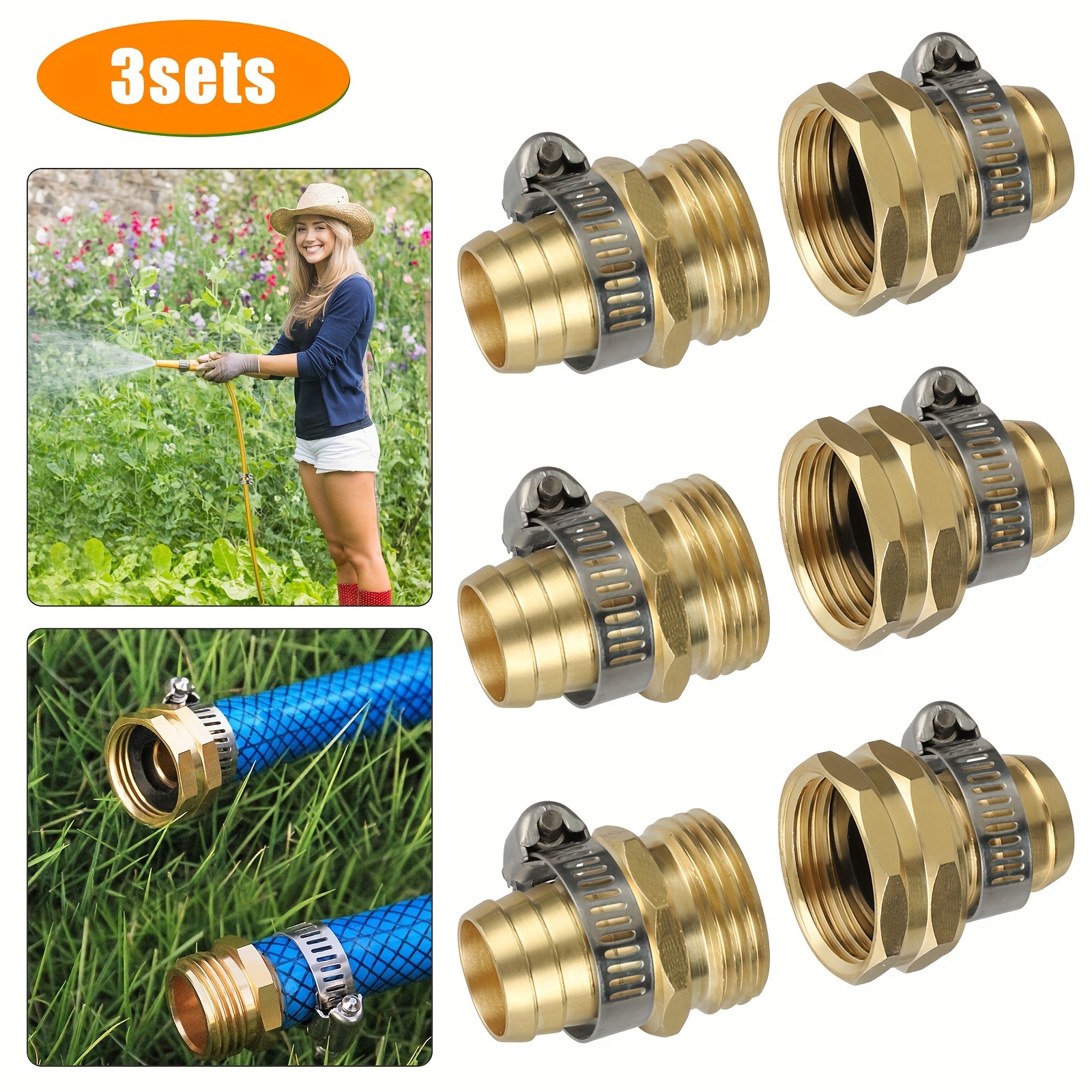 

3 Sets Garden Hose Repair Connectors With Stainless Steel Clamps, Male And Female Thread Connector For 3/4" Water Hose