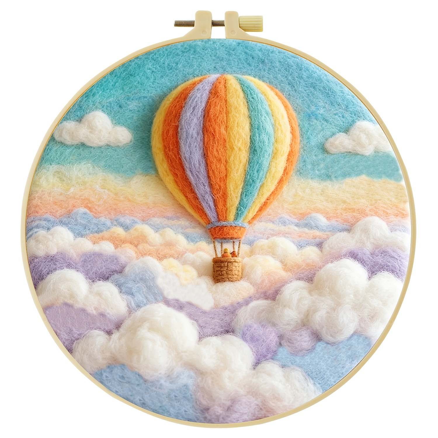 TEMU 20x20cm/7.9x7.9 Inch DIY Wolvilt Punch Needle Borduurpakket, De Heteluchtballon in de Wolkenlaag, Stempelborduurpakket, Geschikt voor Beginnende