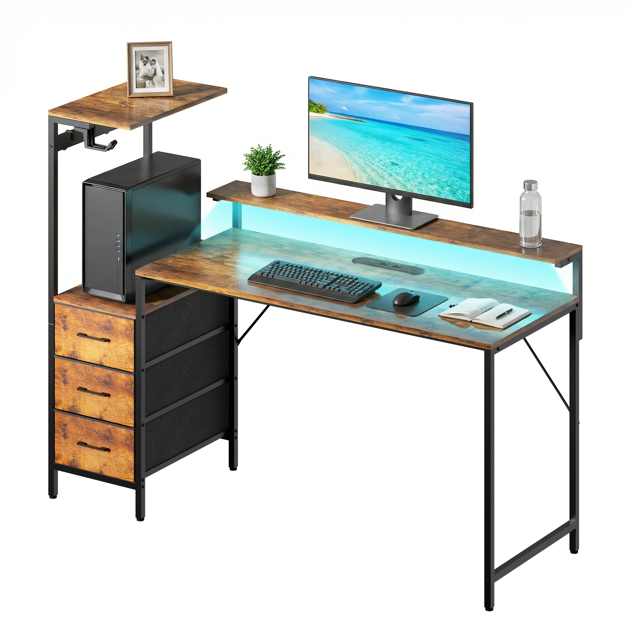 Image of Gaming Desks In Black, Brown, White, And Grey Featuring Led Lighting And Power Sockets, In 120/150cm Sizes. Desks Come With Storage Drawers And A Monitor Stand, Perfect For A Game Room Or Home Office