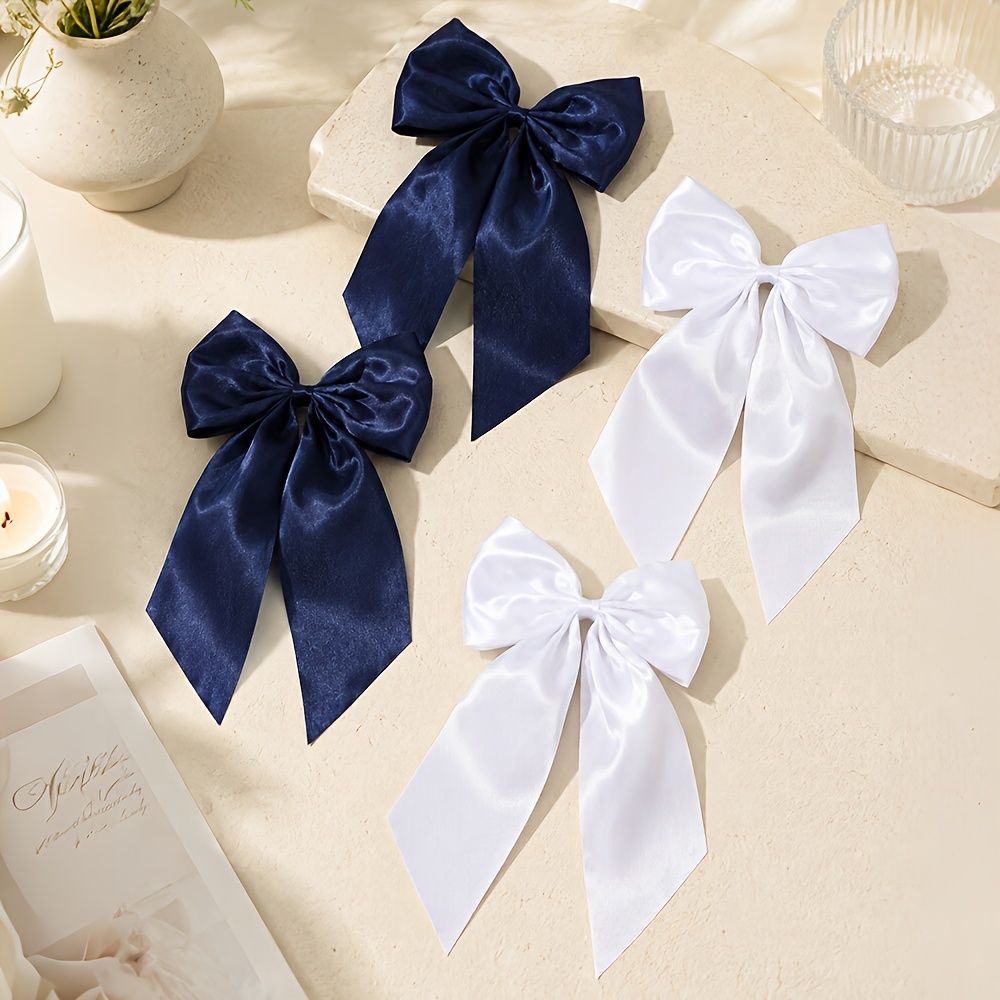 TEMU 4 pinzas para el cabello con de satén azul y para mujer, elegantes pinzas de con cinta larga, broches para el cabello minimalistas, accesorios