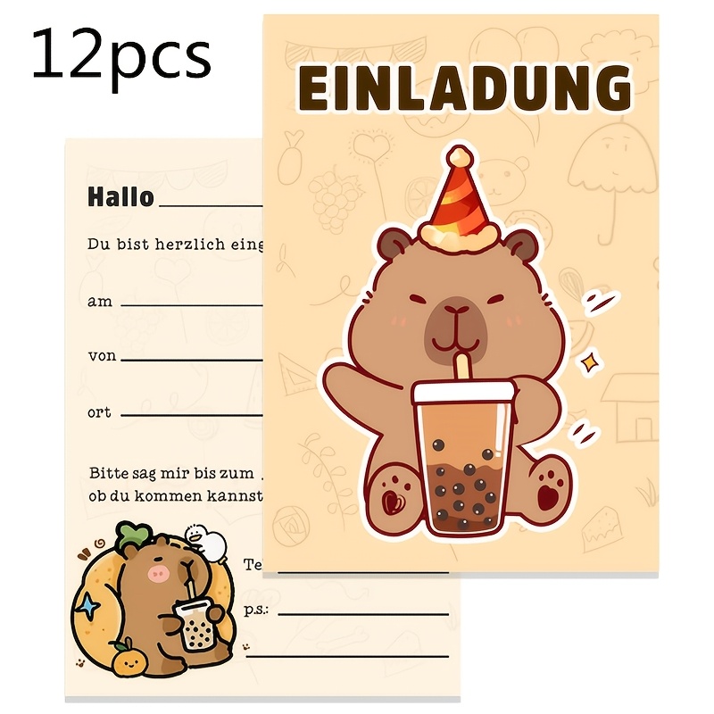 E-shop 12/24 Stück Deutsche Einladungskarten | Capybara Boba Tier-Themenparty Einladungen für Geburtstage und allgemeine Anlässe, Papiermaterial