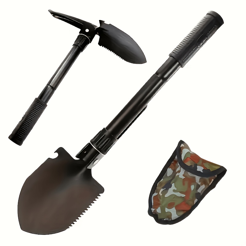 1pc lightweight folding shovel lightweight and portable multi tool with ergonomic handle and storage bag   camping hiking   and backpacking made from durable metal a must have camping gear