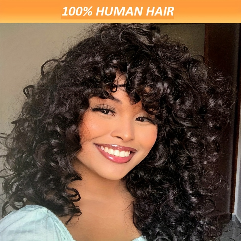 

Natural & 200% Density Wigs With Bangs Human Hair For Women Simple Gorgeous Full Machine Made 16 Inch Wig, None Lace Wig For Date & Parties