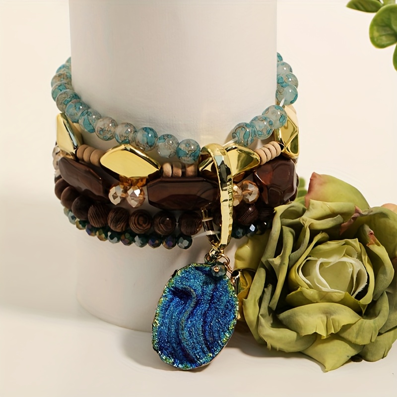 Image of Bohemian Retro Wooden Bead Stacked Bracelet, Blue Pendant Embellishment, Fashionable And Personalized