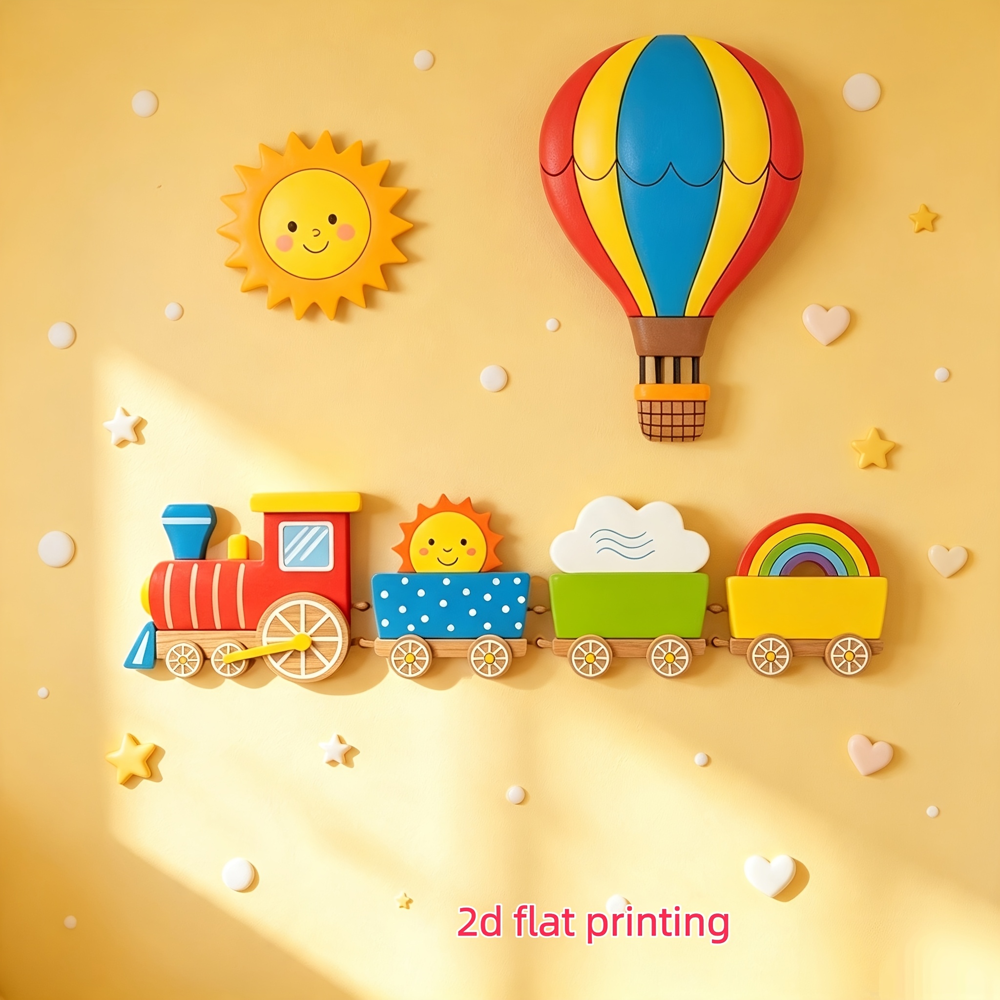 Image of 3pcs 3pcs Wood Wall Panels - Train, Sun & Hot Air Balloon Decor With Rainbow Clouds, Horizontal Striped Suitable For Farmhouse Bedroom, Room, Living Room, School - Wood Hanging Decoration For Gift