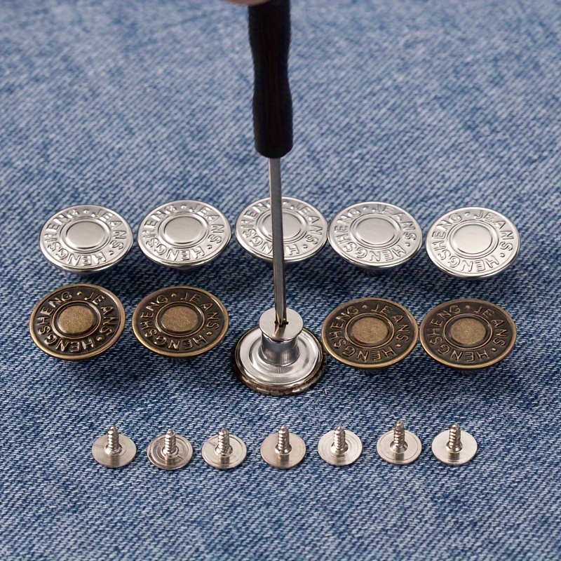 

10-pack Adjustable No-sew Jeans Button Set - Metal Waist Extender Buttons For Pants, Removable Snap Fasteners In Silver And Bronze - Denim Clothing And Diy Projects