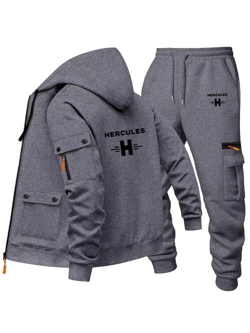 mens autumn hooded zip up long sleeve sweatshirt cargo pocket pants 2pcs set