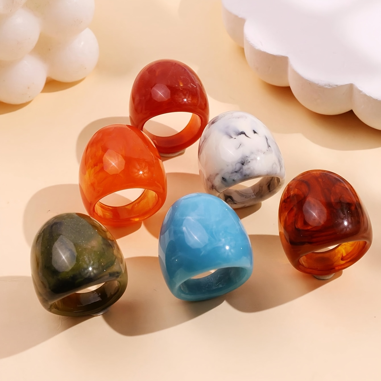 TEMU 6pcs Set Of Fashionable, Gorgeous, Shiny, Unique, Exquisite, Creative, Light Luxury, Versatile, High-end, Elegant, Geometric, And Colorful Resin