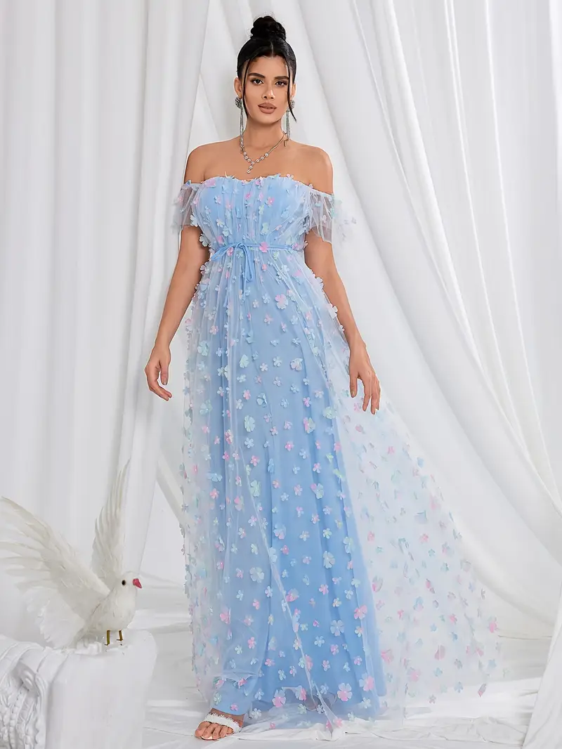 Women's Elegant Off-the-Shoulder Formal dress - Lightweight A-Line party gown with Waist Definition, Soft Pastel Blue & Floral-like pattern for Weddin