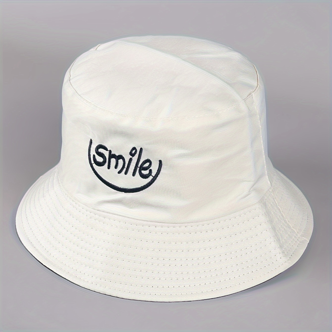 

Beige "smile" Embroidered Bucket Hat, Unisex Double-sided Wearable Basin Hat, Casual Street Style Fisherman Cap, Lightweight Breathable Sun Protection Hat