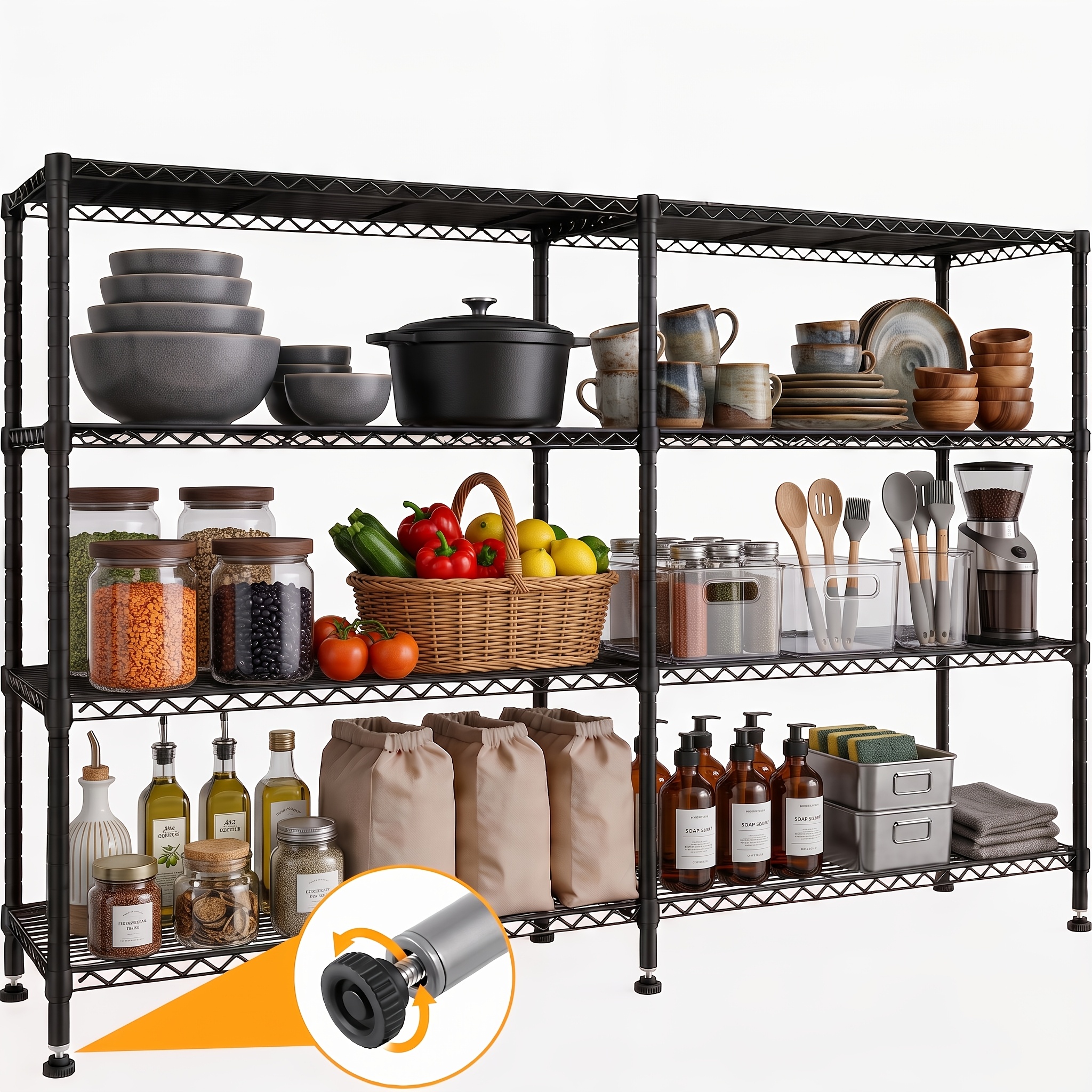 Image of 4 Tier Standing Shelving Unit, Height Adjustable, Heavy Duty Shelf, Corner Storage Shelf, Metal Shelf For Bathroom Kitchen Garage Bedroom, 35 X (76+76) X 152cm, Standing Shelf