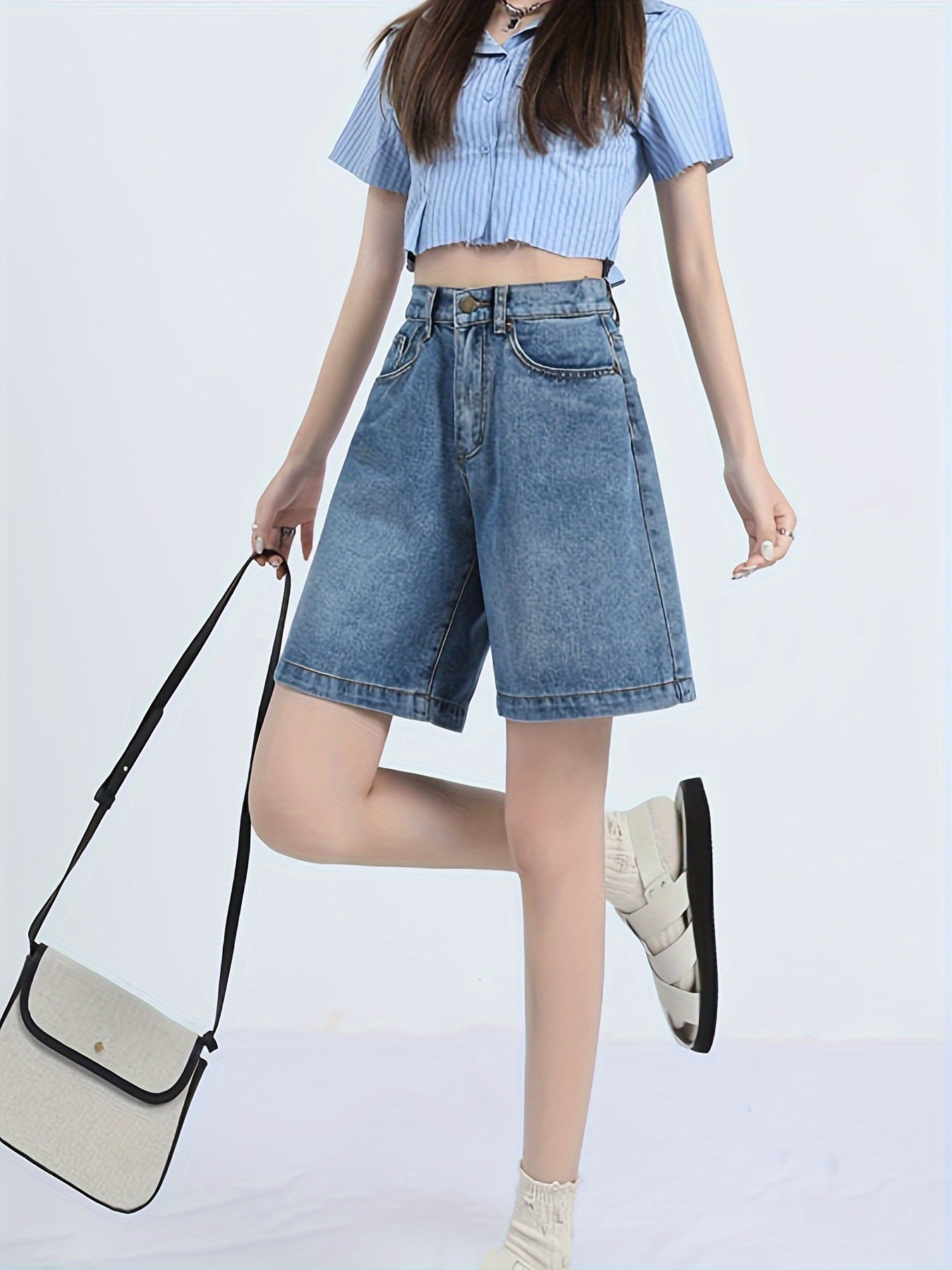 Plain Loose Fit Elastic Waist Denim Jorts, High * Slash Pocket Retro Denim  Shorts, Women's Denim Jeans & Clothing