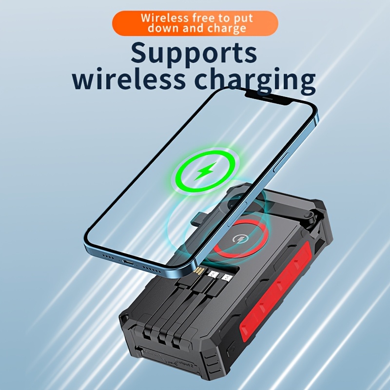 power bank wireless charger 30000mah   with a wire hand crank   cables 15w fast charging power   outputs 4   solar portable charger sos strobe strong flashlights orange Product details 0