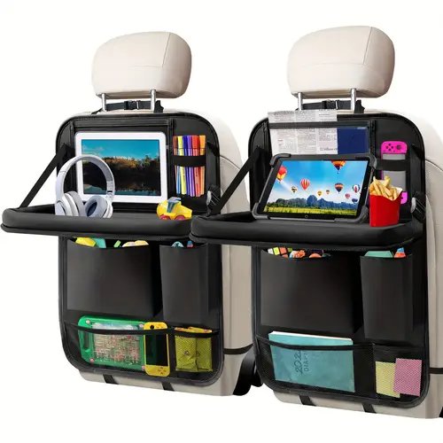 2 pack car backseat organizer with foldable table tray multi pocket storage bag with dual mesh universal fit adjustable strap cup holders for vehicle accessories and travel essentials