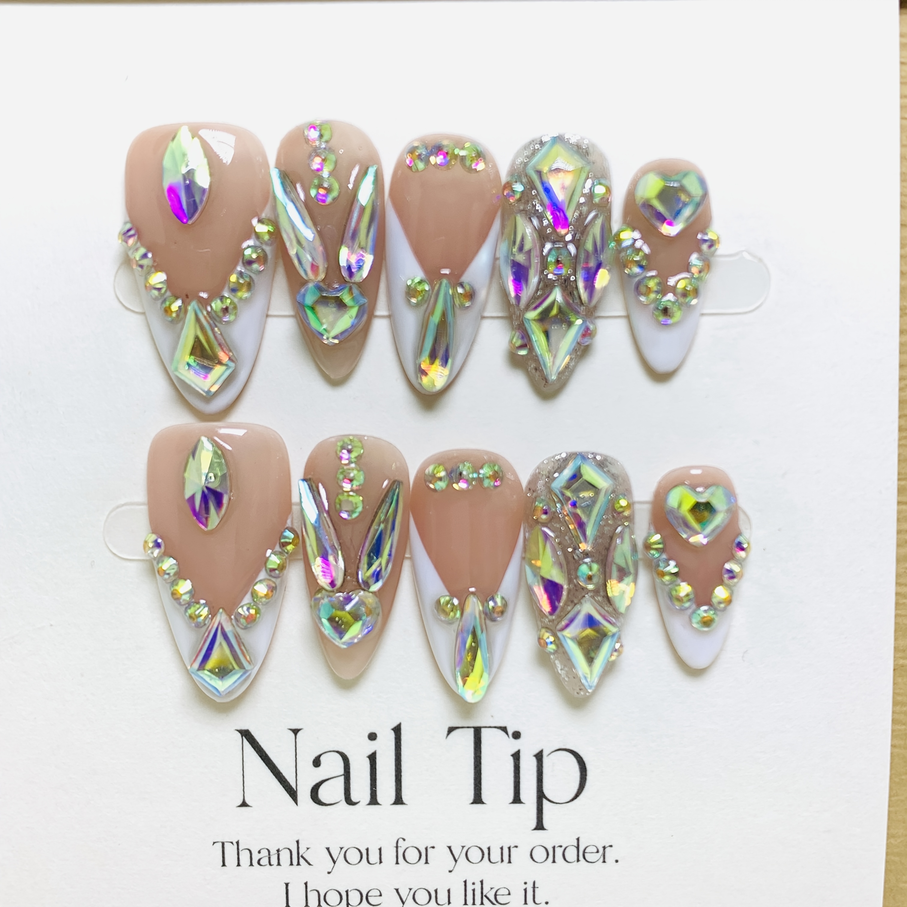 TEMU Luxurious 10pcs Set, 10pcs French Sparkle Full Diamond Nude Almond Shape Nail Stickers, High-end Design