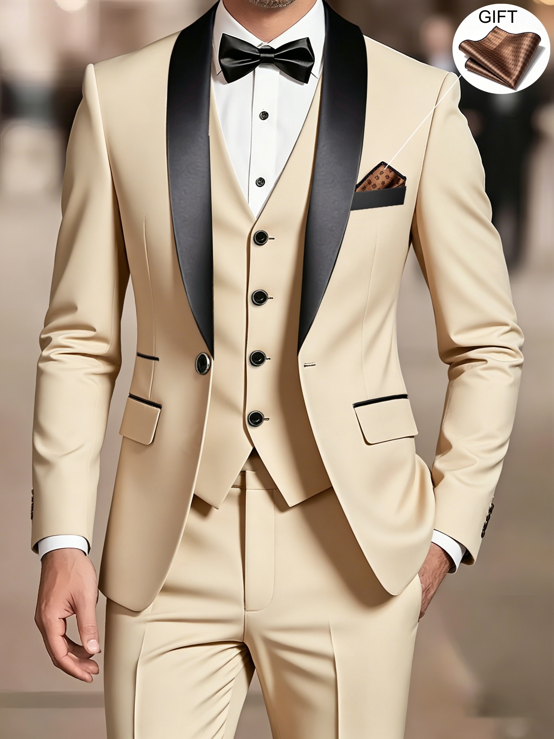 Men'S Suit Set, 3pcs Blazer, Vest And Trousers, Groomsman Business, Fashionable Elegant, Premium Men, Suitable for Wedding, Business, Party (With Pocket Square)