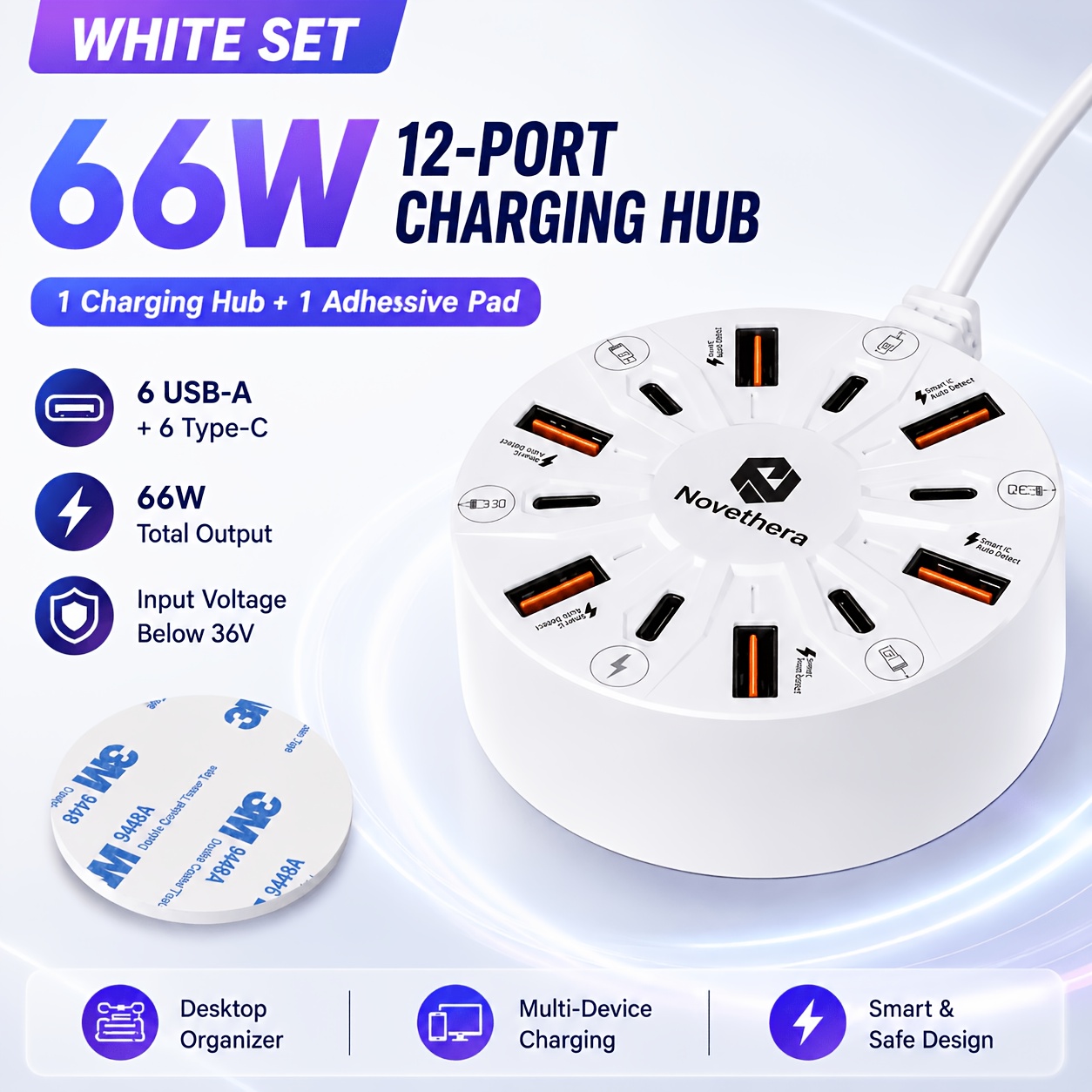 TEMU 66w 12-port Usb And Type-c Charging Combo Set (6+6) Adhesive Pad And Desktop Fast Charging Station Bundle For Home, Office, And Daily