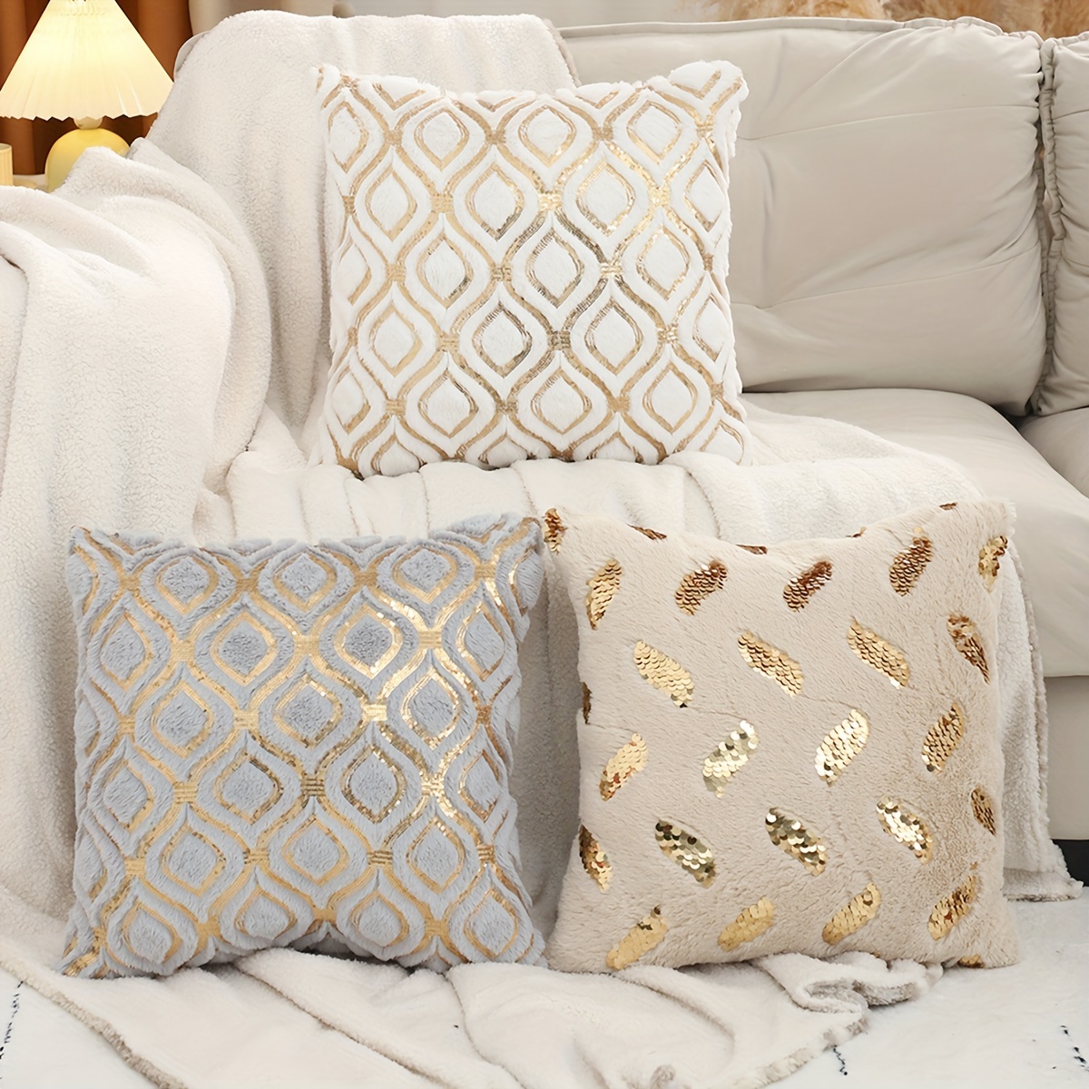 

2pcs Autumn And Winter Throw Pillowcase Plush Golden Sequin Embroidery Living Room Bedroom Decoration