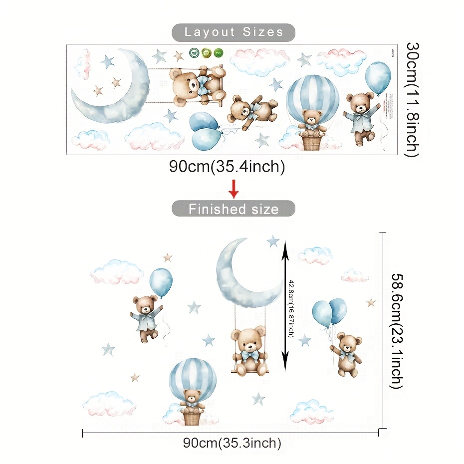 Image of 1pc Air Balloon Bear Vinyl Self-adhesive Wall Stickers - Whimsical Cartoon Bear With Bow Ties, Clouds & Stars Background Art For Bedroom Decor, Easy To Apply, ' Room Or Home Decoration
