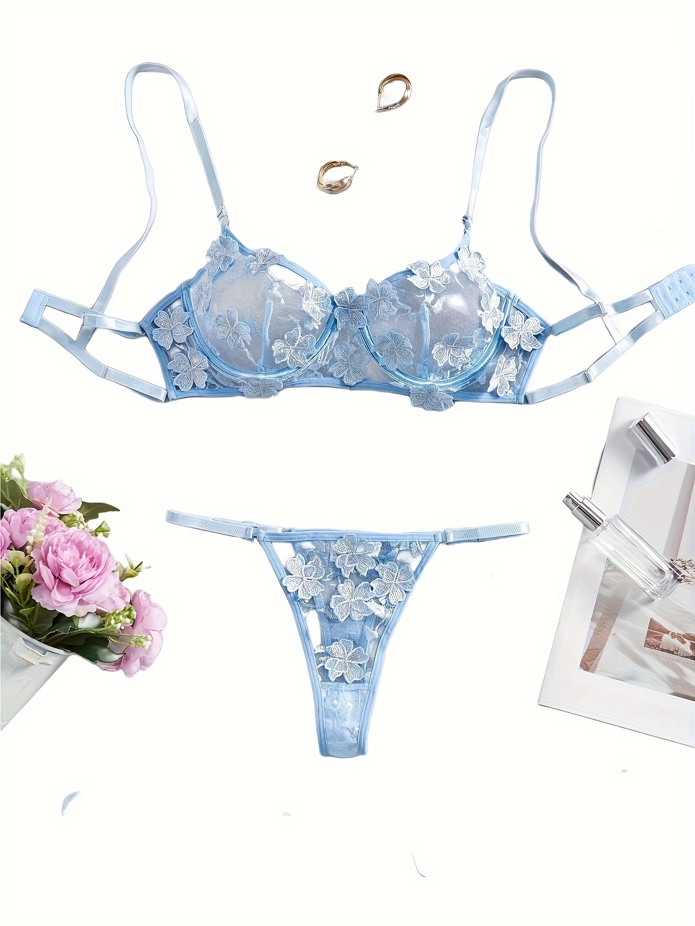 Floral Embroidery Semi Sheer Lingerie Set, Intimates Bra & Thong, Women's  Sexy Lingerie & Underwear