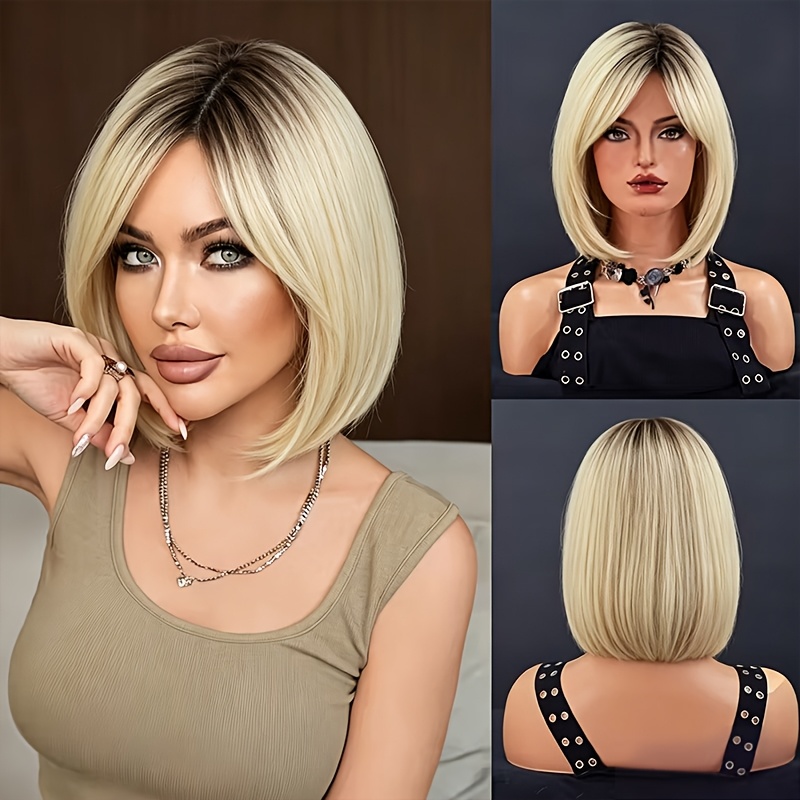TEMU Shoulder-length Straight Bob Wig, Ombre Beige Blonde With Middle Part Elegant For Women, Heat Resistant Synthetic Wigs, Design Role-playing